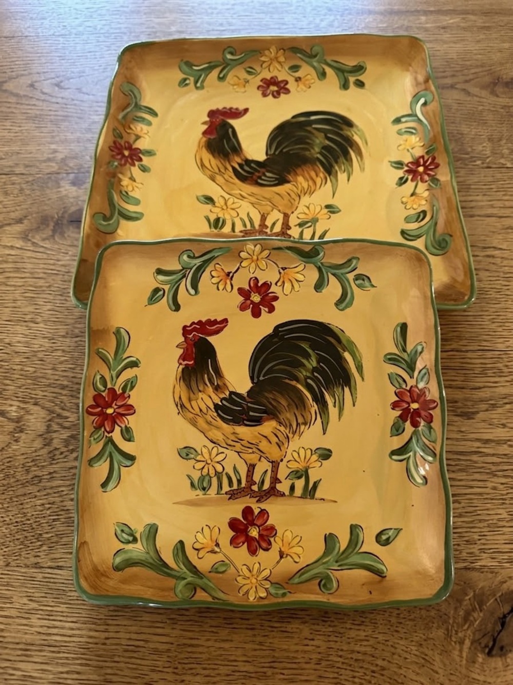 Kenny Brokers NAN NINYO 2pc Square Ceramic Plate Set Rooster Floral Yellow